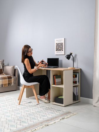 Стол письменный Лайт 12.163 сатин 7045 SU, гикори рокфорд натуральный KO86 PW, сборка на любую сторону, два варианта сборки тумбы