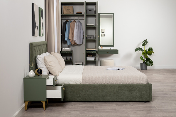 Шкаф для одежды Марион 16.340.03 дымчатый зеленый K521, олива шагрень AG 1050 ПВХ (собирается на любую сторону)