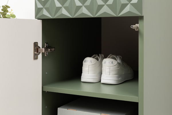 Шкаф-пенал Марион 16.340.01 дымчатый зеленый K521, олива шагрень AG 1050 ПВХ (собирается на любую сторону)