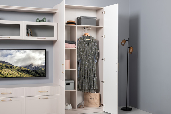 Гостиная Ричфорд композиция 1 без карнизов, кашемир 5981 BS, моно керамика D166-2 ПВХ, белый PE шагрень (собирается на любую сторону)